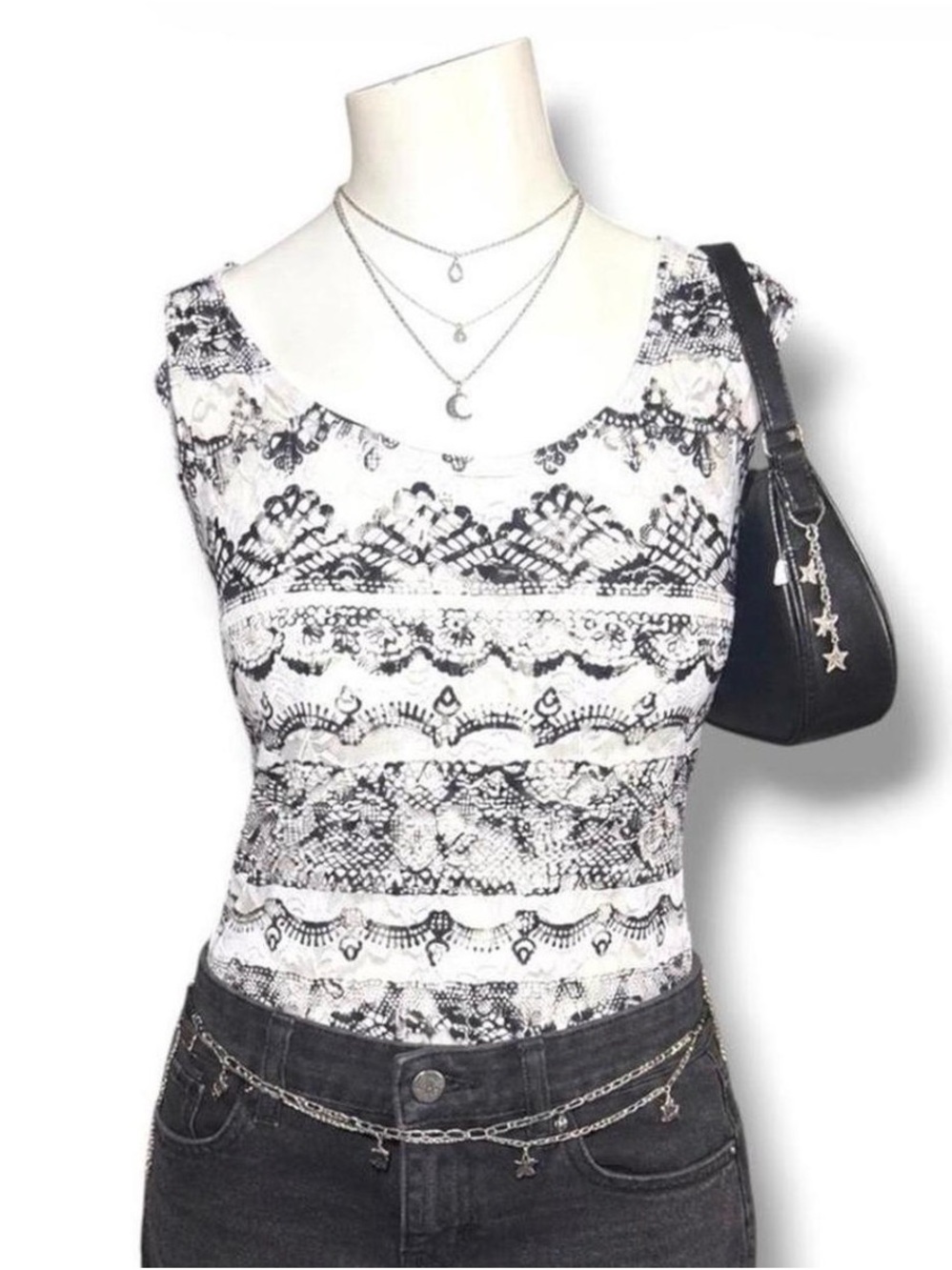 Cato Y2K Black White Lace Print Sheer Tank Top Plus Size 18/20W